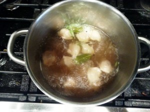 To Cook:  Boil a pot of water For flavor add beef or chicken stock black peppercorns, bay leaf and onion The Pelmeni will rise to the surface when they are fully cooked.  Remove from broth. Serve hot with  a little stock-butter and/or sour cream and sprinkle with dill.  