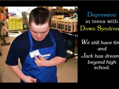 Photo of boy with Down Syndrome at his job in a grocery store