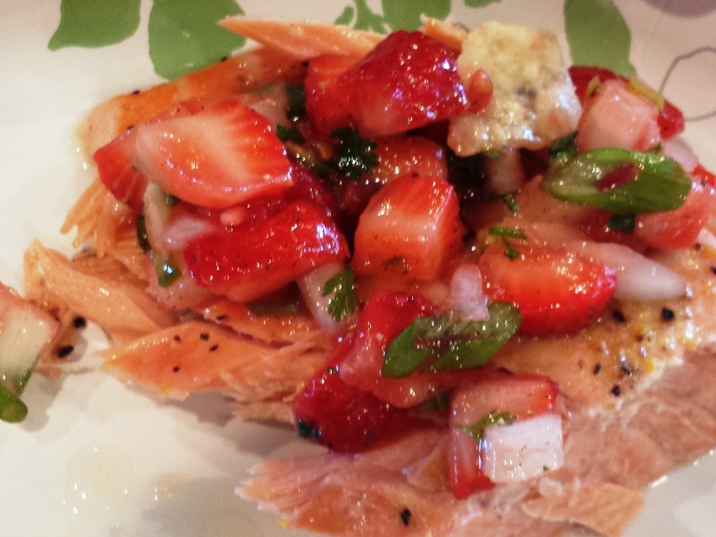 One of my favorite ways to eat salmon is with fresh strawberry salsa.